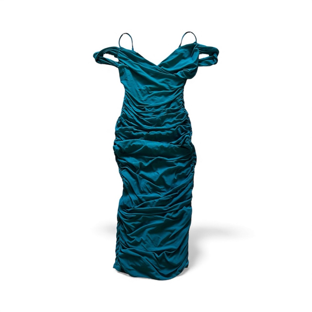 Teal Ruched off-the-shoulder bodycon midi dress